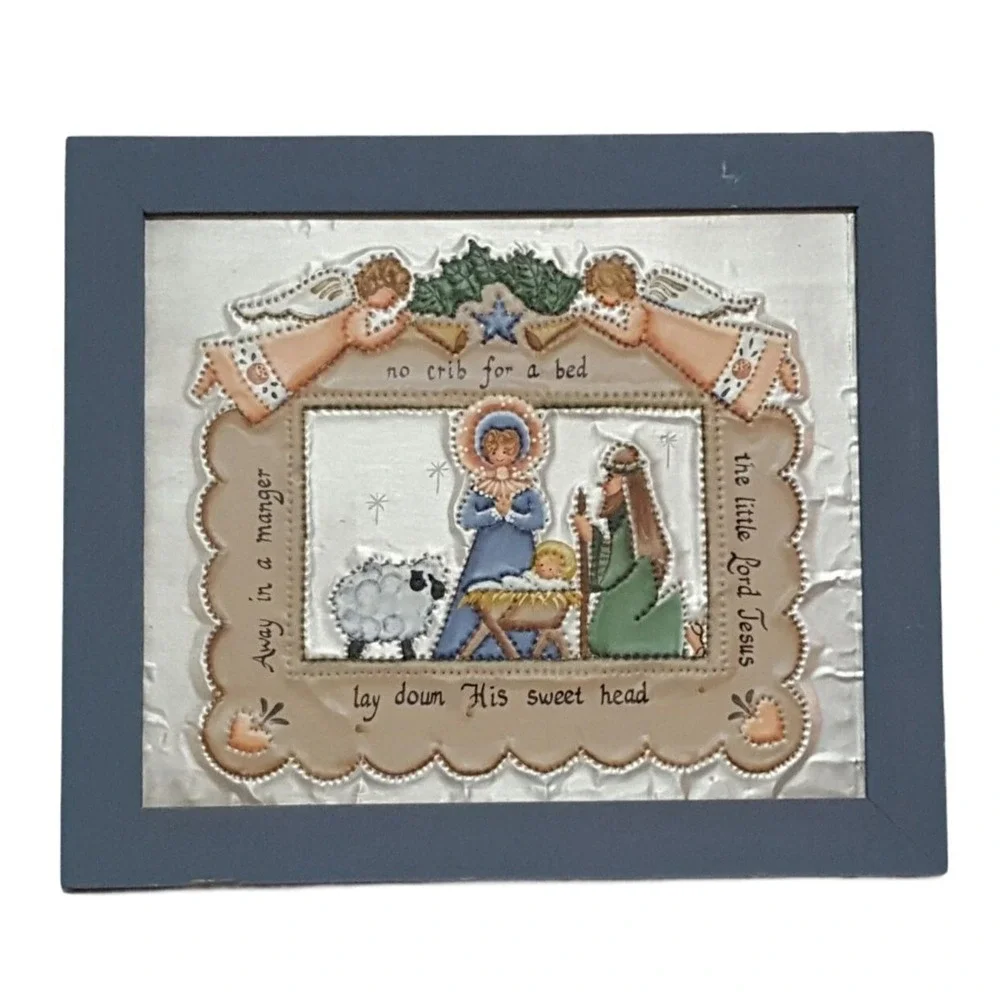 Jackie Hinderliter Nativity Folk Art Framed Embossed Metal Away In A Manger Blue